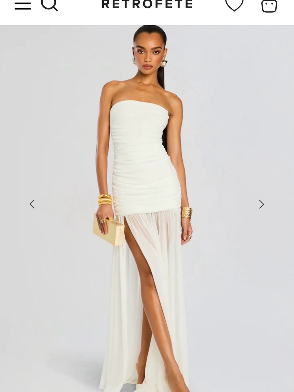 Retrofete White Strapless Ruched Bodice Sheer-Skirt Gown
